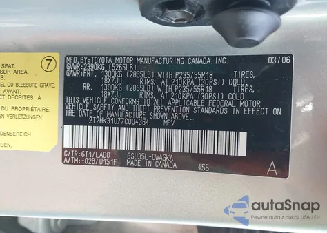 2007 Lexus Rx 350 from USA, damaged, VIN 2T2HK31U77C004364